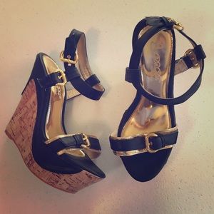 Black and gold faux cork wedges